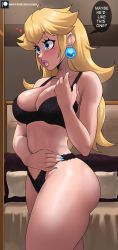 Rule 34 | 1girl, absurdres, ass, bare arms, bare shoulders, black bra, blonde hair, blue eyes, blush, bra, breasts, cleavage, commentary, earrings, echo saber, english text, feet out of frame, groin, hand on own hip, highres, jewelry, large breasts, mario (series), medium breasts, mirror, nintendo, open mouth, pink lips, princess peach, solo, standing, super mario bros. 1, thick thighs, thighs, underwear, underwear only