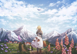 Rule 34 | 1girl, animal, bird, blonde hair, blue jacket, blurry, blurry foreground, braid, braided bun, brown footwear, building, cloud, commentary request, double bun, dress, facing away, flower, from behind, hair bun, hair ribbon, highres, holding, holding suitcase, holding umbrella, jacket, juliet sleeves, long sleeves, mountain, mountainous horizon, outdoors, path, petals, puffy sleeves, purple flower, red flower, red ribbon, ribbon, road, seki rice, signature, solo, standing, suitcase, umbrella, violet evergarden, violet evergarden (series), white dress, wide shot, wind
