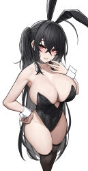 Rule 34 | 1girl, alternate costume, animal ears, azur lane, bare arms, bare shoulders, black leotard, black thighhighs, blush, breasts, cleavage, crossed bangs, fake animal ears, hand on own hip, highres, large breasts, leotard, long hair, looking at viewer, parted lips, playboy bunny, rabbit ears, red eyes, revision, simple background, siu (siu0207), smile, solo, standing, taihou (azur lane), thighhighs, thighs, white background, wrist cuffs