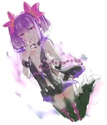 Rule 34 | 10s, 1girl, belt, bracelet, braid, collar, gradient background, hair ornament, high heels, jewelry, lips, lipstick, makeup, nail polish, open mouth, purple eyes, purple hair, shoes, short shorts, shorts, symonne (tales), tales of (series), tales of zestiria, thighhighs, twintails