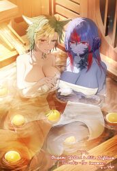 Rule 34 | 2girls, animal ears, au ra, bare shoulders, blonde hair, blue eyes, blue hair, blue skin, breasts, cat ears, cleavage, closed mouth, collarbone, colored skin, commentary request, commission, english text, final fantasy, final fantasy xiv, food, fruit, heterochromia, highres, horns, large breasts, lemon, long hair, medium hair, miqo&#039;te, multicolored hair, multiple girls, naked towel, onsen, parted lips, partially submerged, purple horns, red eyes, red hair, sitting, skeb commission, smile, syandega, thighs, towel, two-tone hair, warrior of light (ff14), water, yuri