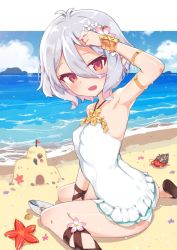 Rule 34 | 1girl, arm up, armlet, armpits, ass, bad id, bad twitter id, beach, between legs, bracelet, breasts, casual one-piece swimsuit, covered erect nipples, day, hair between eyes, halterneck, hand between legs, horizon, jewelry, kokkoro (princess connect!), kokkoro (summer) (princess connect!), kokosando, looking back, one-piece swimsuit, outdoors, outside border, pink eyes, pointy ears, princess connect!, sand castle, sand sculpture, short hair, shovel, silver hair, sitting, small breasts, smile, solo, starfish, swimsuit, wariza