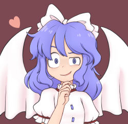 Rule 34 | 1girl, angel wings, blue eyes, blue hair, bow, breasts, brown background, buttons, closed mouth, commentary, crazy eyes, crazy smile, dress, feathered wings, frilled sleeves, frills, hair bow, hand on own chin, heart, highres, keb00b, light blue hair, looking at viewer, mai (touhou), medium hair, puffy short sleeves, puffy sleeves, short sleeves, simple background, small breasts, smile, touhou, touhou (pc-98), upper body, white bow, white dress, white wings, wings