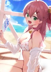 Rule 34 | 1girl, absurdres, ahoge, beach, bell, bikini, blush, breasts, cherry blossom print, choker, floral print, green eyes, hair ornament, hand fan, highres, holding, holding fan, hololive, jacket, long hair, looking at viewer, medium breasts, mikaku, neck bell, ocean, official alternate costume, open mouth, outdoors, pink choker, pink hair, pink nails, sakura miko, sakura miko (hololive summer 2019), sitting, sitting on object, smile, solo, swimsuit, virtual youtuber, white bikini, white jacket, x hair ornament