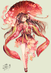 Rule 34 | 1girl, asymmetrical legwear, black hair, blush, bow, brown hair, camomi, carp, clip studio paint (medium), commentary request, floating hair, floral print, flower, full body, green background, hair bow, hair flower, hair ornament, head tilt, head wreath, highres, japanese clothes, kimono, legs together, long hair, oil-paper umbrella, original, outstretched hand, pantyhose, personification, platform footwear, pleated skirt, postcard, print pantyhose, red eyes, sandals, simple background, skirt, smile, solo, two side up, umbrella, uneven legwear, very long hair, white pantyhose, wide sleeves, zouri