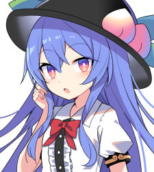 Rule 34 | 1girl, black hat, blue hair, bow, bowtie, commentary request, e.o., food, fruit, hat, hinanawi tenshi, long hair, looking at viewer, open mouth, peach, red bow, red bowtie, short sleeves, simple background, solo, touhou, upper body, white background