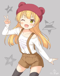 Rule 34 | 1girl, ;d, animal ears, animal hat, arm up, bear hat, black thighhighs, blonde hair, blush, brown shorts, clothes writing, collarbone, commentary request, contrapposto, diagonal stripes, earrings, fake animal ears, fang, green eyes, grey background, hat, heart, idolmaster, idolmaster cinderella girls, idolmaster cinderella girls starlight stage, jewelry, jougasaki rika, kaiware-san, long hair, long sleeves, looking at viewer, one eye closed, open mouth, shirt, shorts, signature, simple background, smile, solo, standing, star (symbol), starry background, striped, suspender shorts, suspenders, tareme, thighhighs, v, white shirt
