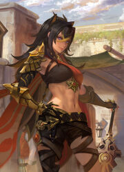 Rule 34 | 1girl, animal ears, armor, asymmetrical clothes, asymmetrical legwear, belt, blonde hair, blue eyes, closed mouth, cloud, commentary, crossed bangs, dark-skinned female, dark skin, day, dehya (genshin impact), english commentary, gauntlets, genshin impact, hair between eyes, hand on hilt, hand on own hip, holding, holding sword, holding weapon, lips, long bangs, long hair, looking away, multicolored hair, navel, outdoors, pants, pink lips, planted, planted sword, planted weapon, shoulder armor, single pantsleg, sky, smile, solo, stomach, streaked hair, sword, torn clothes, torn pants, twitter username, weapon, yagaminoue