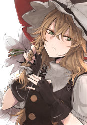 Rule 34 | 1girl, black dress, black gloves, black hat, black nails, bow, braid, closed mouth, commentary, dress, fingerless gloves, flower, frown, gloves, hair ribbon, half-closed eyes, hat, hat bow, holding, holding own hair, kirisame marisa, lily (flower), long hair, looking at viewer, nail polish, necro (nekurodayo), ribbed shirt, ribbon, shirt, short sleeves, simple background, solo, touhou, upper body, white background, white bow, white ribbon, white shirt, witch hat