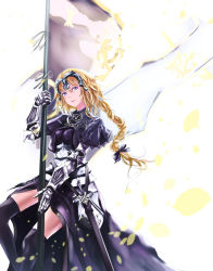 Rule 34 | 1girl, armor, armored dress, banner, black dress, black ribbon, black thighhighs, blonde hair, blue eyes, braid, dress, fate/grand order, fate (series), gauntlets, hair between eyes, hair ribbon, holding, holding weapon, jeanne d&#039;arc (fate), jeanne d&#039;arc (ruler) (fate), long hair, looking at viewer, low-tied long hair, ribbon, sheath, sheathed, single braid, solo, sword, tanikku, thighhighs, weapon, white background