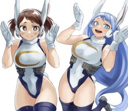 Rule 34 | 2girls, :d, alternate costume, animal ears, blue eyes, blue hair, blush, boku no hero academia, breasts, bright pupils, brown eyes, brown hair, chinese zodiac, commentary request, cosplay, covered navel, fake animal ears, fake tail, female focus, fengling (furin-jp), gloves, hadou nejire, heattech leotard, highleg, highleg leotard, large breasts, leotard, long hair, looking at viewer, medium breasts, mirko, mirko (cosplay), multiple girls, open mouth, rabbit ears, rabbit pose, rabbit tail, short hair, sidelocks, simple background, smile, solo, standing, superhero costume, tail, thighhighs, thighs, turtleneck, uraraka ochako, very long hair, white background, white gloves, white leotard, white pupils, year of the rabbit