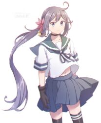 Rule 34 | 1girl, absurdres, ahoge, akebono (kancolle), akebono kai ni (kancolle), bell, black choker, black gloves, black thighhighs, blue sailor collar, blue skirt, choker, flower, gloves, hair bell, hair flower, hair ornament, highres, jingle bell, kantai collection, long hair, missou shiro, pleated skirt, purple eyes, purple hair, sailor collar, school uniform, serafuku, short sleeves, side ponytail, simple background, skirt, solo, standing, thighhighs, very long hair, white background