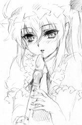 Rule 34 | 1girl, blush, embodiment of scarlet devil, face, female focus, flandre scarlet, flute, graphite (medium), greyscale, hat, henshako, holding flute, holding instrument, instrument, monochrome, pointy ears, recorder, saliva, sexually suggestive, short hair, sketch, solo, touhou, traditional media