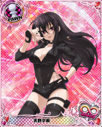 Rule 34 | 1girl, black hair, breasts, card (medium), chess piece, cleavage, fingerless gloves, gloves, high school dxd, large breasts, long hair, looking at viewer, official art, pawn (chess), purple eyes, raynare, thighhighs, tongue