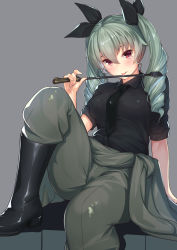 Rule 34 | 10s, 1girl, :p, anchovy (girls und panzer), belt, black footwear, black necktie, blush, boots, bra visible through clothes, breasts, drill hair, girls und panzer, green hair, highres, kagematsuri, large breasts, leg up, long hair, looking at viewer, military, military uniform, necktie, red eyes, riding crop, school uniform, solo, tongue, tongue out, twin drills, twintails, uniform