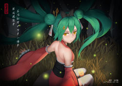 Rule 34 | 1girl, absurdly long hair, absurdres, bare shoulders, black bow, blush, bow, brown eyes, dated, double bun, eyebrows, from behind, green hair, hair bow, hatsune miku, highres, long hair, looking at viewer, parted lips, smile, solo, translation request, twintails, very long hair, vocaloid, xian yu zhanshi
