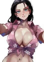 Rule 34 | 1girl, black hair, blue eyes, breasts, cleavage, collarbone, cowboy shot, crop top, earrings, floral print, front-tie top, head tilt, highres, jewelry, large breasts, long hair, looking at viewer, midriff, navel, nico robin, no bra, one piece, outstretched arms, pink shirt, shirt, solo, stomach, sweatdrop, vcais, white background