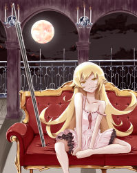 Rule 34 | 1girl, arch, barefoot, blade, blonde hair, candle, column, couch, grin, head tilt, hiba (p-p-purin), huge weapon, long hair, monogatari (series), moon, night, oshino shinobu, pillar, planted, planted sword, planted weapon, red moon, red upholstery, sitting, smile, solo, strap slip, sword, weapon, yellow eyes