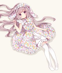 Rule 34 | 1girl, bad id, bad pixiv id, blush, closed mouth, dress, frilled dress, frills, grey hair, hand up, headdress, highres, long hair, looking at viewer, lying, on back, original, over-kneehighs, purple eyes, short sleeves, solo, thighhighs, tsukiyo (skymint), unmoving pattern, white thighhighs