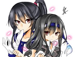 Rule 34 | 10s, 2girls, black hair, clenched teeth, collared shirt, dressing, eyebrows, female focus, gloves, hatsushimo (kancolle), headband, kantai collection, kuuya (ayahata43), long hair, low-tied long hair, mouth hold, multiple girls, ponytail, red eyes, remodel (kantai collection), shirt, simple background, teeth, vest, white background, white gloves, white shirt, yahagi (kancolle)