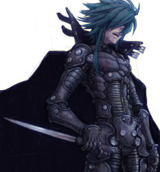 Rule 34 | 1boy, armor, black cape, blood, breastplate, cape, clawed gauntlets, fantasy, gauntlets, green hair, hair over eyes, holding, holding sword, holding weapon, long hair, male focus, meimaru inuchiyo, open mouth, original, reverse grip, scar, scar on face, simple background, sketch, solo, spiked hair, sword, teeth, upper teeth only, vambraces, weapon, white background
