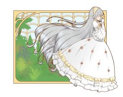Rule 34 | 1girl, dress, closed eyes, flower, frills, gosick, hairband, highres, jakly, jewelry, lolita fashion, long hair, necklace, own hands clasped, own hands together, profile, silver hair, solo, spoilers, very long hair, victorica de blois