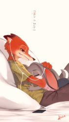 Rule 34 | 1boy, 1girl, animal ears, blue eyes, rabbit, character name, couple, cradling head, disney, earbuds, earphones, closed eyes, fox, fox ears, furry, furry female, furry male, furry with furry, green shirt, grey fur, hawaiian shirt, hetero, highres, hug, judy hopps, listening to music, looking at another, lying on person, nick wilde, orange fur, pants, pillow, pink shirt, rabbit ears, rabbit tail, reclining, shirt, sleeping, sleeping on person, smile, snout, squidsmith, tail, zootopia