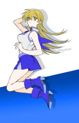 Rule 34 | 1girl, 203wolves, arm up, artist name, blonde hair, blue background, blue footwear, blue sailor collar, blue skirt, brown eyes, closed mouth, duel academy uniform (yu-gi-oh! gx), floating hair, from side, full body, highres, jacket, long hair, miniskirt, sailor collar, shadow, sketch, skirt, sleeveless, sleeveless jacket, smile, solo, straight hair, tenjouin asuka, two-tone background, very long hair, white background, white jacket, yu-gi-oh!, yu-gi-oh! gx