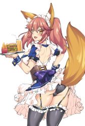 Rule 34 | 1girl, animal ears, arm garter, back cutout, bad id, bad pixiv id, black panties, blush, bow, breasts, burger, cameltoe, chips (food), clothing cutout, cowboy shot, cuffs, cup, drink, drinking straw, fate/grand order, fate (series), food, fox ears, fox tail, frilled cuffs, frilled skirt, frilled thighhighs, frills, garter straps, large breasts, looking at viewer, looking back, maid, maid headdress, orange eyes, panties, pink hair, purple bow, shirokuma a, short sleeves, skirt, smile, solo, tail, tamamo (fate), tamamo no mae (fate/extra), thighhighs, tray, twintails, underwear