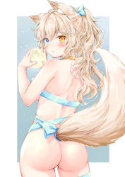Rule 34 | 1girl, akasaka asa, animal ear fluff, animal ears, ass, bare arms, bare shoulders, blonde hair, blue background, blue bow, blue eyes, blue nails, blue thighhighs, blush, border, bow, breasts, closed mouth, commentary request, commission, cowboy shot, from behind, hair bow, highres, long hair, looking at viewer, looking back, medium breasts, moon, nail polish, naked ribbon, original, outside border, ponytail, ribbon, sideboob, single thighhigh, skeb commission, solo, tail, thighhighs, white border, yellow eyes