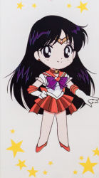 Rule 34 | 1girl, back bow, bishoujo senshi sailor moon, black eyes, black hair, bow, brooch, chibi, choker, closed mouth, diadem, dot nose, earrings, elbow gloves, eyebrows, female focus, full body, gloves, hand on own hip, high heels, hino rei, jewelry, legs apart, leotard, long hair, looking at viewer, magical girl, miniskirt, official art, outstretched arm, pleated skirt, purple bow, red bow, red choker, red footwear, red sailor collar, red skirt, sailor collar, sailor mars, sailor senshi uniform, school uniform, serafuku, shoes, short sleeves, simple background, skirt, smile, solo, standing, star (symbol), star choker, tagme, tiara, white gloves, white leotard