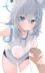 Rule 34 | 1boy, 1girl, animal ear fluff, blue archive, breasts, grabbing, grabbing another&#039;s breast, grabbing another's breast, guided breast grab, guiding hand, highres, large breasts, mikozin, nipples, reaching, reaching towards viewer, see-through, shiroko (blue archive), shirt, wet, wet clothes, wet shirt
