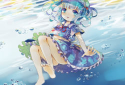 Rule 34 | 1girl, bare legs, barefoot, blue hair, bubble, dress, hair bobbles, hair ornament, hat, hiyuu (hiyualice), kawashiro nitori, legs, open mouth, outstretched arms, pocket, red ribbon, ribbon, shirt, short hair, short sleeves, skirt, skirt set, solo, touhou, two side up, underwater, wet, wet clothes