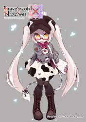 Rule 34 | 1girl, animal print, bag, black pantyhose, boots, brave sword x blaze soul, brown footwear, brown hat, cardigan, commentary request, copyright name, cow girl, cow print, cow tail, dress, full body, glasses, grey background, grey cardigan, hat, highres, horns, knee boots, long hair, morino donguri, open mouth, original, pantyhose, short dress, silver hair, simple background, solo, tail, twintails, very long hair, white dress, yellow eyes