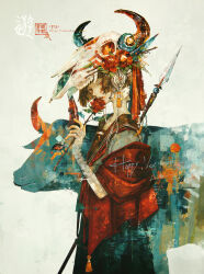 Rule 34 | 1girl, animal skull, bull, chinese zodiac, cow horns, cow skull, flower, hair flower, hair ornament, happy new year, highres, holding, holding flower, holding weapon, horns, looking at viewer, misaki (chess08), new year, oil painting (medium), original, painting (medium), polearm, rose, short hair, signature, solo, spear, traditional media, weapon, year of the ox