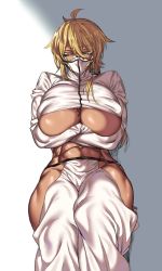 Rule 34 | 1girl, abs, bleach, blonde hair, blush, breasts, commentary request, crossed arms, dark skin, dark-skinned female, eyelashes, female focus, gigantic breasts, green eyes, hair between eyes, half-closed eyes, highres, huge breasts, long hair, mask, muscular, muscular female, navel, ponytail, shrug (clothing), solo, tattoo, thick thighs, thighs, tier harribel, underboob, urec
