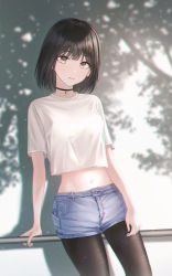 Rule 34 | 1girl, black hair, black pantyhose, blue shorts, brown eyes, closed mouth, crescent, crescent necklace, highres, jewelry, leaning back, looking at viewer, midriff, navel, necklace, original, pantyhose, shirt, short hair, short shorts, short sleeves, shorts, solo, stomach, straight hair, t-shirt, white shirt, youngsok