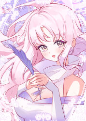 Rule 34 | 1girl, absurdres, alternate costume, ash (cat7evy), blue archive, blush, breasts, cleavage, dress, elbow gloves, fingerless gloves, gloves, halo, highres, holding, holding quill, large breasts, long hair, looking at viewer, mika (blue archive), open mouth, pink hair, pink halo, quill, smile, solo, upper body, white dress, white gloves, yellow eyes