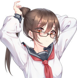 Rule 34 | 1girl, :&lt;, absurdres, aluo 7762, arms up, black-framed eyewear, black sailor collar, blush, brown hair, closed mouth, commentary request, glasses, hair between eyes, highres, long hair, long sleeves, looking at viewer, neckerchief, orange eyes, original, ponytail, red neckerchief, sailor collar, school uniform, serafuku, shirt, simple background, solo, tying hair, upper body, white background, white shirt