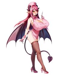Rule 34 | 1girl, bare hips, bare shoulders, black thighhighs, blush, breasts, cleavage, cleavage cutout, clothing cutout, demon girl, demon horns, demon tail, demon wings, dress, female focus, fishnet thighhighs, fishnets, full body, halter dress, halterneck, hat, high heels, horns, huge breasts, long hair, looking at viewer, lustgrimm again, marota, naughty face, navel, necktie, needle, nurse, nurse cap, open mouth, pink dress, pink hair, short dress, side slit, simple background, skindentation, solo, standing, tail, thighhighs, wings, yellow eyes