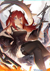 Rule 34 | 1girl, arknights, armband, belt, black belt, black dress, black jacket, black thighhighs, blue eyes, breasts, chain, commentary request, crossed legs, dress, fire, from below, halter dress, halterneck, hand on own hip, high belt, highres, holding, holding sword, holding weapon, horns, jacket, long hair, long sleeves, looking at viewer, medium breasts, off shoulder, red hair, sitting, sleeveless, sleeveless dress, solo, surtr (arknights), sword, thigh strap, thighhighs, twitter username, weapon, yo-ba yo