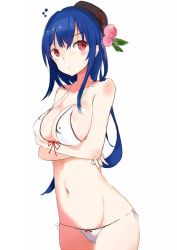Rule 34 | 1girl, bikini, blue hair, blush, breast rest, breasts, female focus, food, front-tie top, fruit, hat, hinanawi tenshi, large breasts, long hair, looking to the side, navel, peach, red eyes, side-tie bikini bottom, simple background, solo, strap gap, swimsuit, tetsurou (fe+), touhou, white background