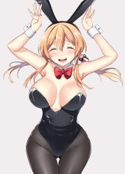 Rule 34 | 1girl, animal ears, bad anatomy, black leotard, black pantyhose, blonde hair, blush, bow, bowtie, breasts, breasts apart, cowboy shot, detached collar, facing viewer, fake animal ears, gin&#039;ichi (akacia), gluteal fold, grey background, groin, hair between eyes, kantai collection, large breasts, leotard, long hair, low twintails, open mouth, pantyhose, prinz eugen (kancolle), rabbit ears, rabbit pose, red bow, red bowtie, simple background, solo, strapless, strapless leotard, thigh gap, twintails, wrist cuffs