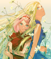 Rule 34 | 2girls, blonde hair, blue dress, blue eyes, breasts, china dress, chinese clothes, commentary, dress, emmmerald, english commentary, facial mark, flower, forehead mark, from side, green eyes, hairband, haruno sakura, highres, light smile, lips, long hair, multiple girls, naruto (series), pink hair, red dress, short hair, yamanaka ino