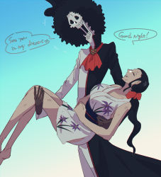 Rule 34 | 1boy, 1girl, afro, ascot, bare arms, bare legs, bare shoulders, barefoot, black hair, bow, brook (one piece), carrying, closed eyes, coat, collarbone, commentary request, english text, facing another, gloves, gradient background, hair bow, hair slicked back, hat, highres, japanese clothes, kimono, long hair, long sleeves, nico robin, one piece, ponytail, princess carry, scratches, short kimono, skeleton, skull, sleeveless, sleeveless kimono, smile, tomatop, top hat