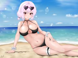 Rule 34 | 1girl, absurdres, alternate costume, arm support, artist request, azur lane, beach, bikini, black bikini, blush, breasts, choker, cleavage, closed mouth, collarbone, day, eyewear on head, hair between eyes, heart, heart-shaped eyewear, highres, large breasts, looking at viewer, navel, o-ring, o-ring top, outdoors, red eyes, scrunchie, short hair, short twintails, sirius (azur lane), sirius (scorching-hot seirios) (azur lane), sky, smile, solo, stomach, sunglasses, swimsuit, thigh strap, twintails, white hair, white scrunchie, wrist scrunchie