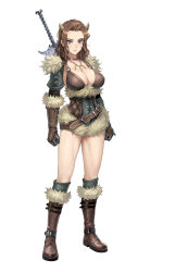Rule 34 | 1girl, alternate form, artist request, bare legs, boots, breasts, brown hair, character request, cleavage, clenched hands, full body, green eyes, highres, horns, large breasts, lilith-soft, lips, long hair, looking at viewer, official art, shiny skin, solo, standing, sword, taimanin (series), taimanin rpgx, weapon, white background, wide hips