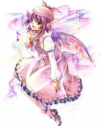 Rule 34 | 1girl, animal ears, colored pencil (medium), dress, earrings, female focus, fingernails, frilled dress, frills, green eyes, hand on own chin, hat, jewelry, long fingernails, music, musical note, myaaco, mystia lorelei, nail, pink hair, shoes, short hair, singing, solo, touhou, traditional media, winged footwear, wings