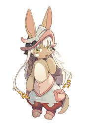 Rule 34 | 1other, :3, animal ears, blush, brown fur, commentary, english commentary, fang, full body, furry, green eyes, grey hair, grey pants, hand to own mouth, hand up, heart, helmet, highres, horizontal pupils, looking at viewer, made in abyss, multicolored pants, nanachi (made in abyss), open mouth, opossumachine, other focus, pants, pink pants, red pants, short hair with long locks, simple background, solo, standing, tail, topless, whiskers, white background