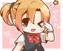 Rule 34 | &gt; o, 10s, 1girl, :d, blonde hair, bloom2425, blue eyes, blush stickers, character name, chibi, gloves, kantai collection, maikaze (kancolle), neck ribbon, one eye closed, open mouth, pink background, ponytail, ribbon, scrunchie, smile, solo, star (symbol), translation request, v over eye, vest